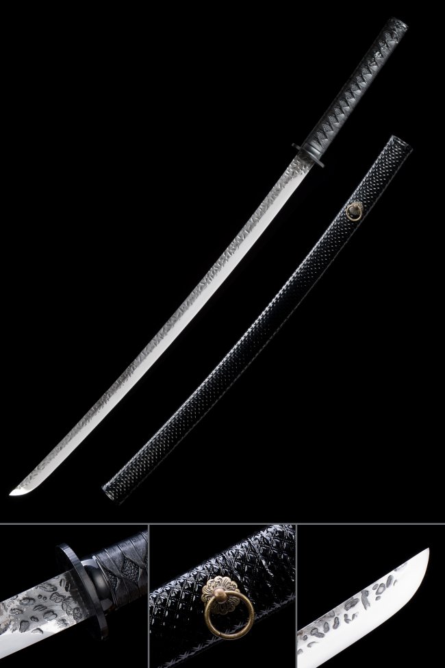 Manganese Steel Japanese Sword with Hammered Hamon in Black PU Leather Saya - Full Tang Collectible