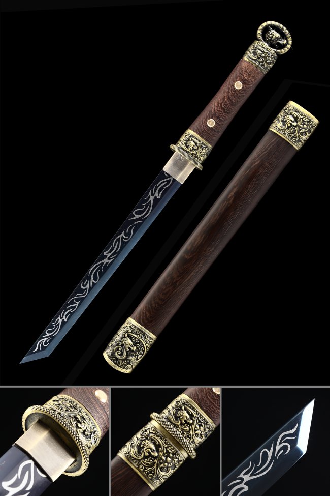 Dragon Tsuba Manganese Steel Tanto, Full Tang, Dark Red Saya & Dark Red Tsuka