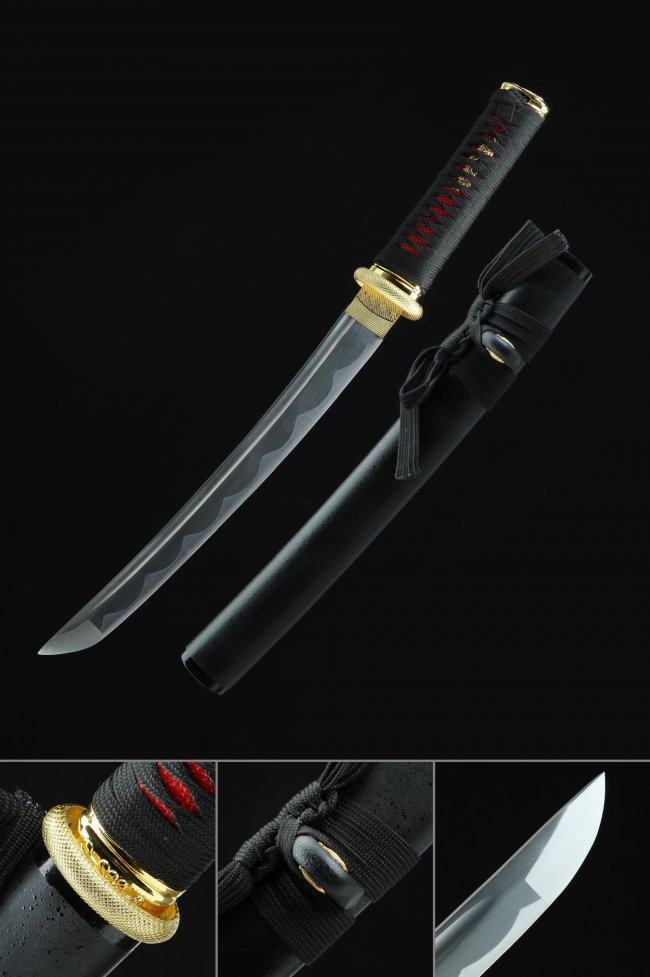 1045 Carbon Steel Tanto Sword with Black Matte Hardwood Saya and Gold Alloy Tsuba - Full Tang Japanese Short Sword