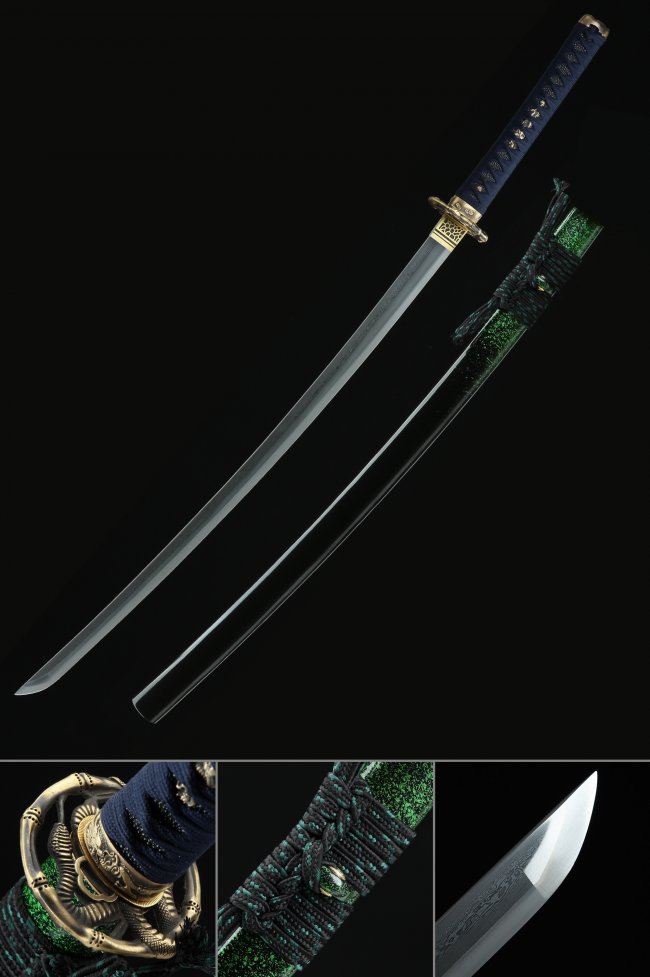 Damascus Steel Katana with Snake Tsuba - Dark Blue Handle, Green Sageo, Black Lacquer Saya