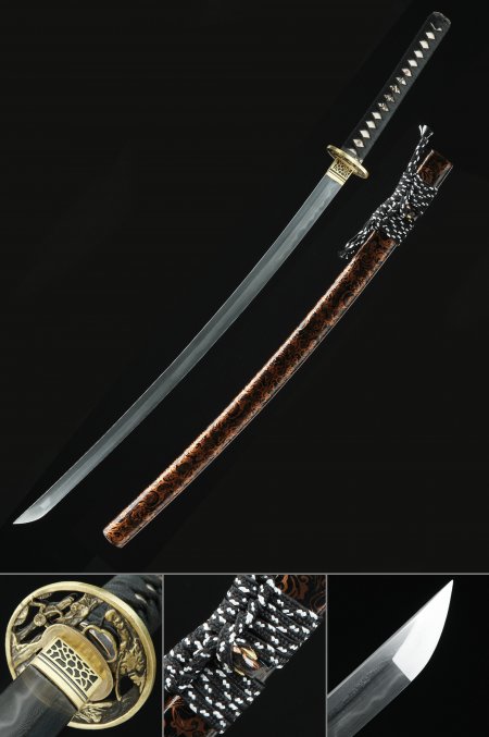 Battle Ready Sword, Real Hamon Japanese Katana Sword Damascus Steel With Brown Scabbard