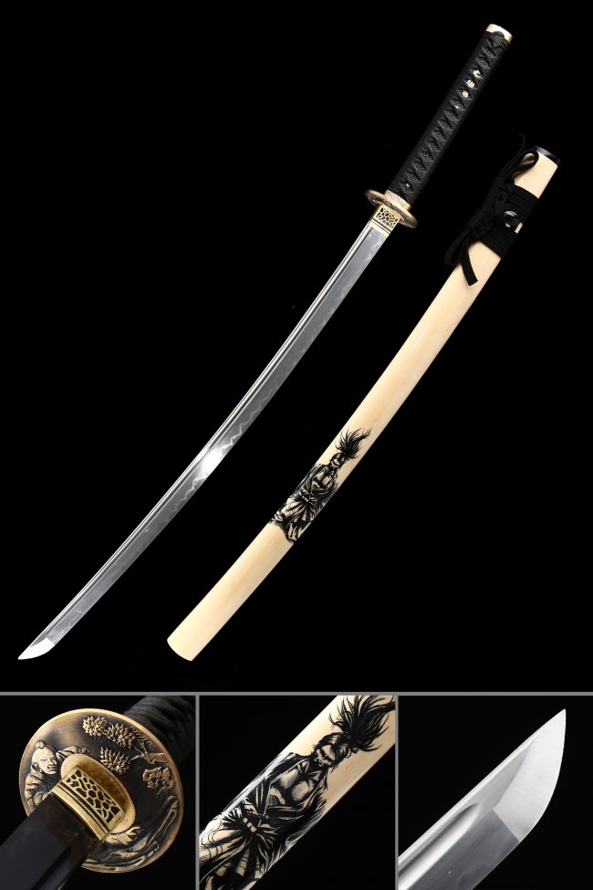 T10 Steel Katana with Real Hamon in Ivory Saya - Chrysanthemum Gold-Black Tsuba, Black Cord Handle