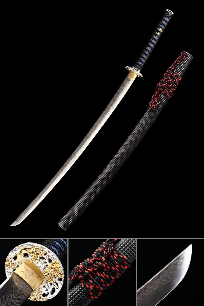 Manganese Steel Katana with Dragon Engraving, Silver-Gold Peony Tsuba in Black Leather Saya