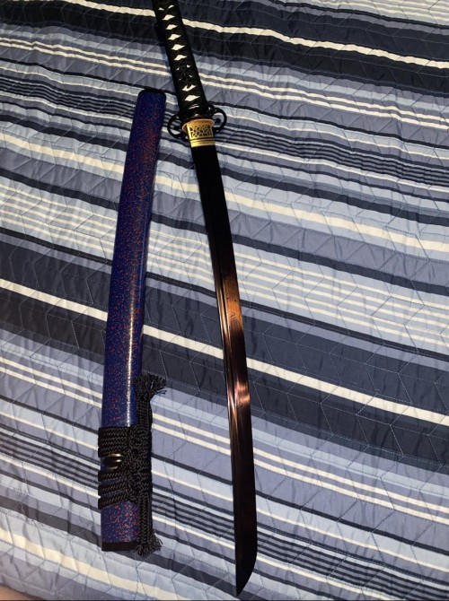 Handmade Pattern Steel Real Japanese Wakizashi Sword With Purle Blade And Blue Scabbard