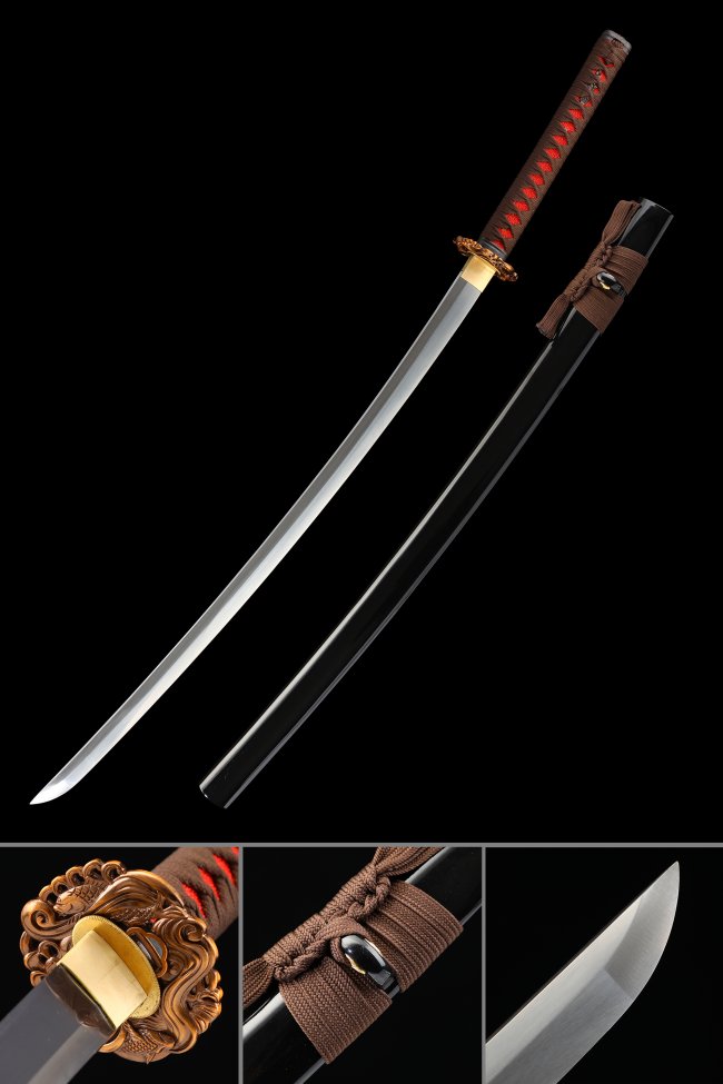 Full Tang Katana High Manganese Steel Blade with Gold Dragon Tsuba - Black Saya, Brown-Red Ito