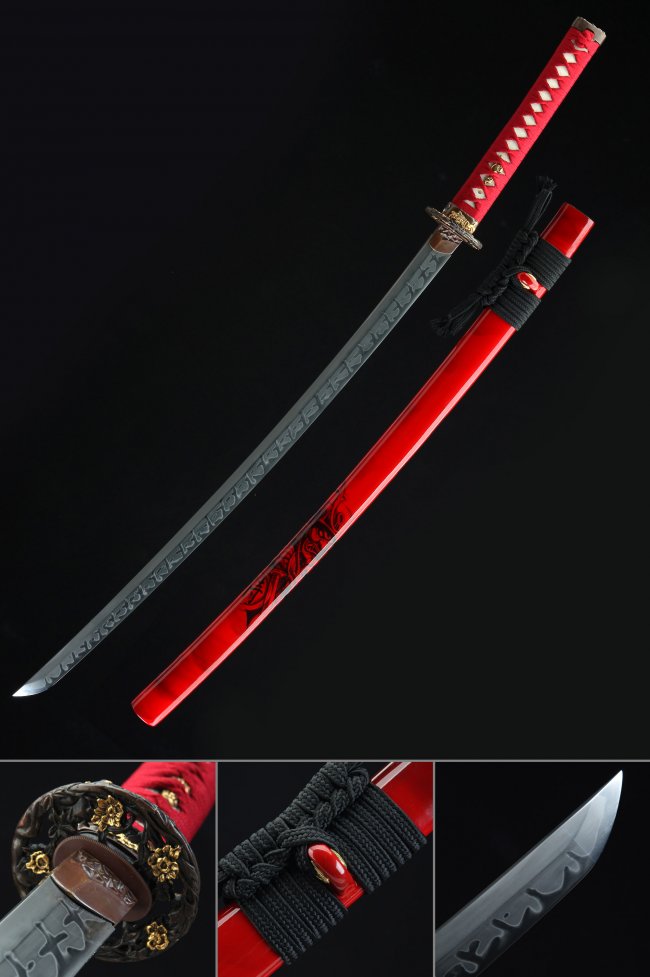 T10 Carbon Steel Red Katana with Dragon Engraving, Flower Tsuba & Red Lacquer Saya