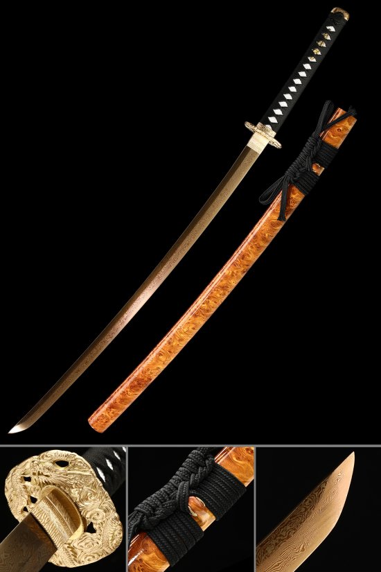 Damascus Steel Katana with Gold Blade, Dragon Tsuba - Orange Hardwood Saya, Black Ito