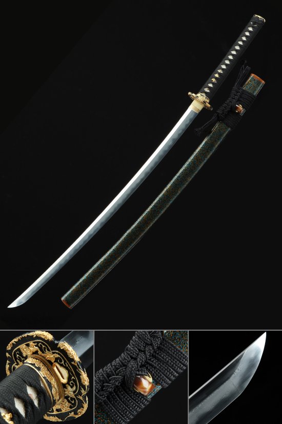Folded Melaleuca Steel Katana with Gold-Black Floral Tsuba and Teal Hardwood Saya