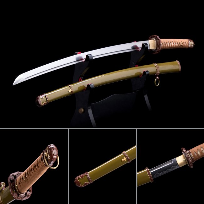 WWII Shin Gunto Type 98 Katana in Damascus Steel - Olive Saya, Clay Tempered, Full Tang