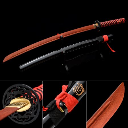 Handmade Rosewood Blunt Unsharpened Blade Katana Sword With Black Scabbard And Iron Tsuba