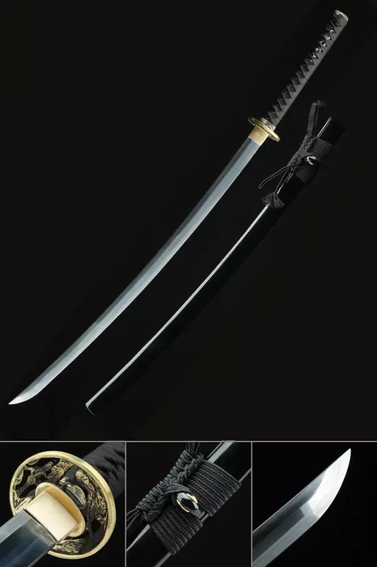 Handmade Japanese Sword T10 Folded Clay Tempered Steel With Black Scabbard