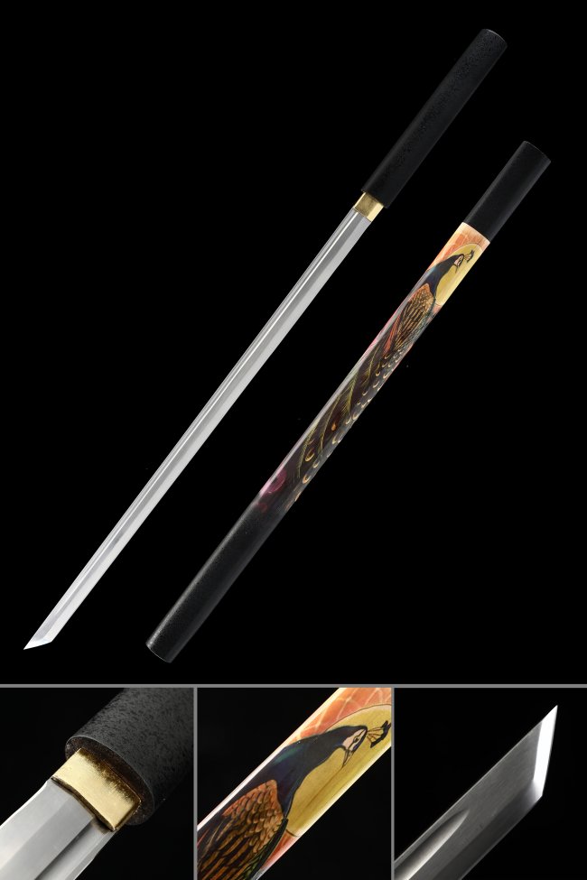 Shikomizue Stick Sword Manganese Steel Blade with Phoenix-Painted Saya in Black