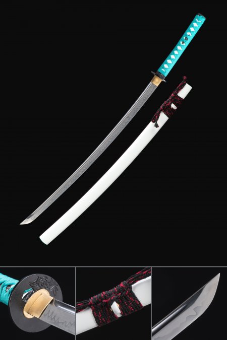 Handmade Japanese Katana Sword With White Scabbard And Blue Handle