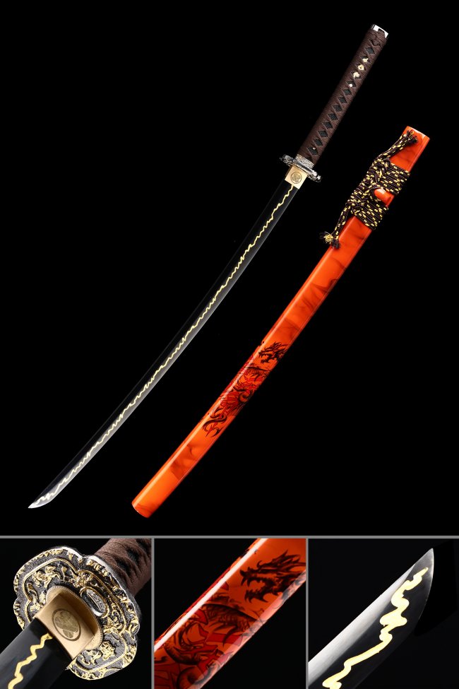 Black Manganese Steel Katana with Orange Dragon Saya - Brown Tsuka, Gold-Black Dragon Tsuba