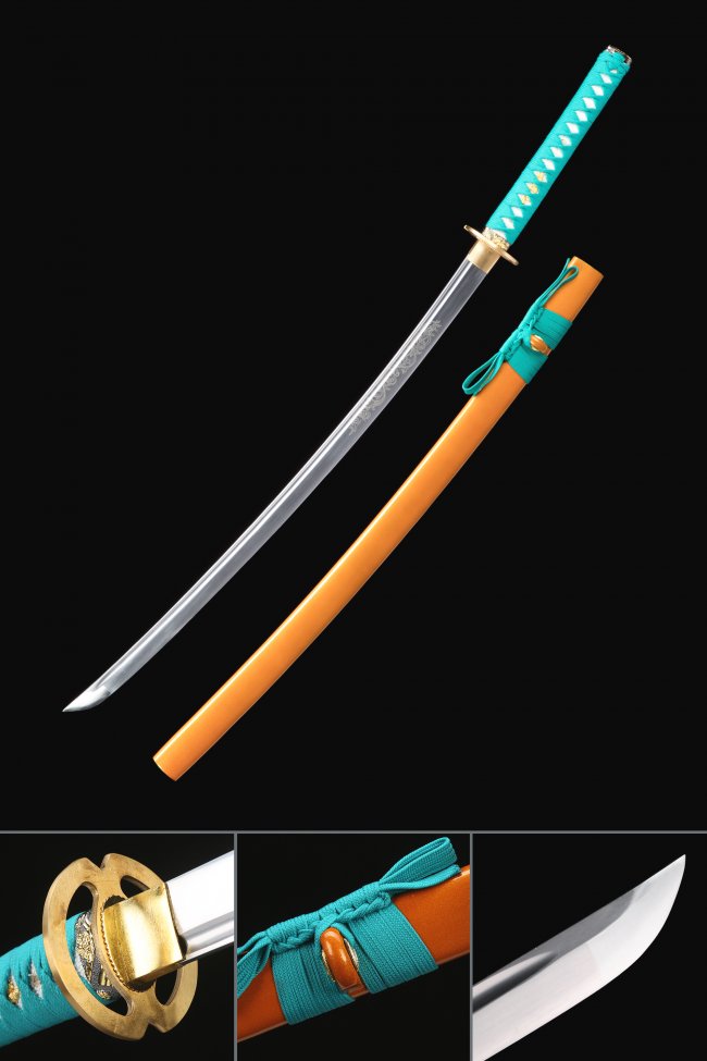 1060 Carbon Steel Katana with Orange Piano Lacquer Saya and Teal Ito - Full Tang Samurai Sword