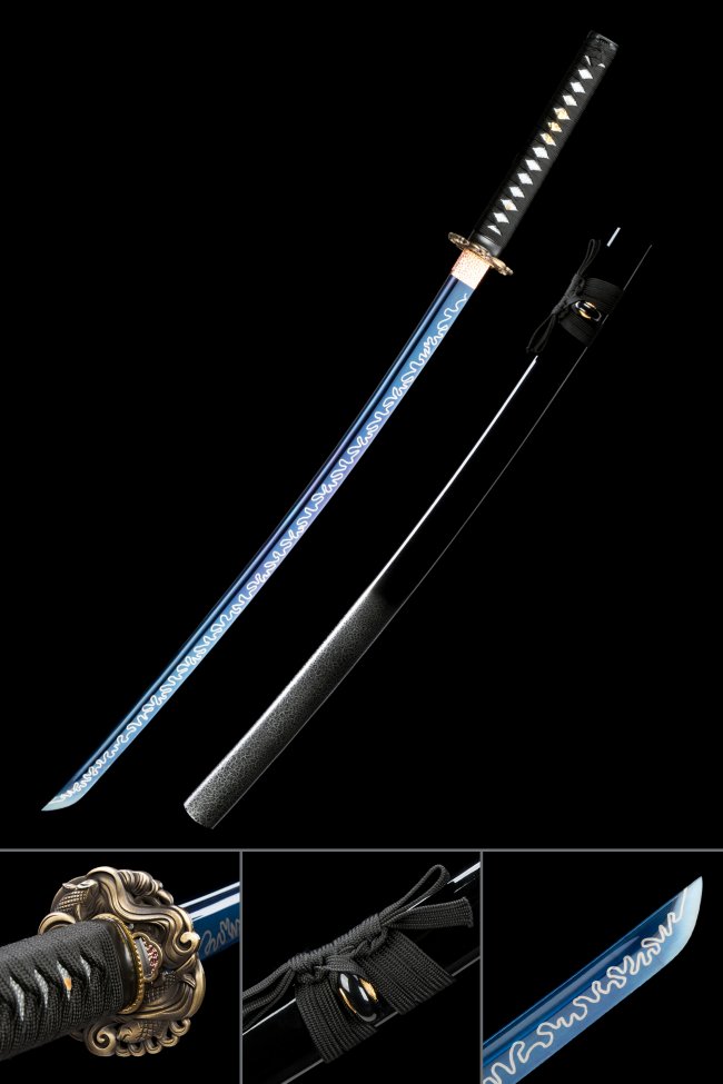 Blue Blade Katana with Wave Engraving in 1060 Carbon Steel - Gold Scroll Tsuba, Black Saya