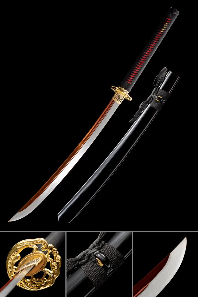 Long Dragon Japanese Naginata with Red Blade - Black Lacquer Saya, Full Tang, Handmade