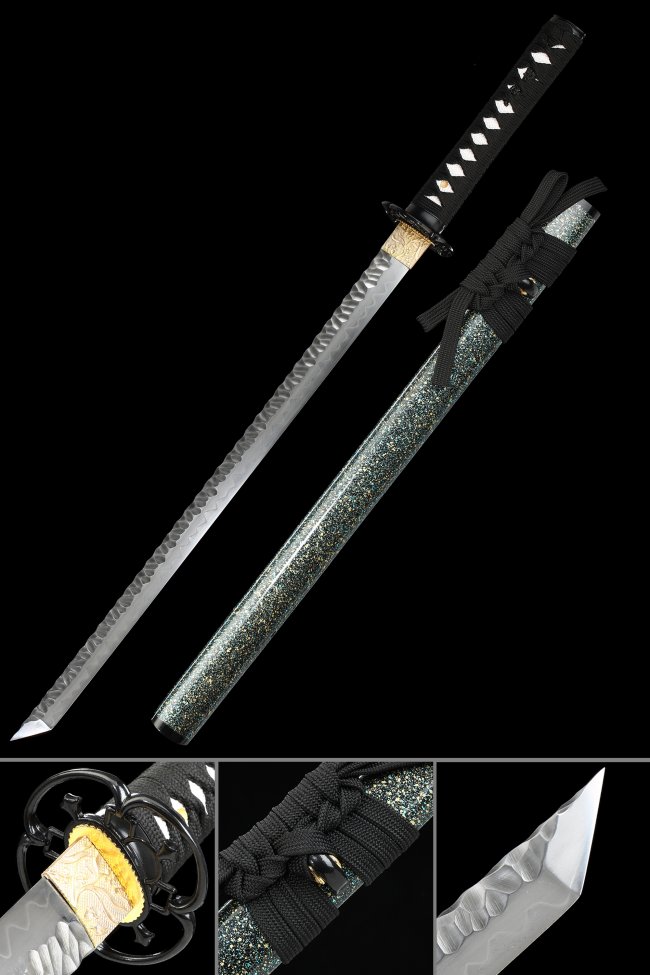 T10 Carbon Steel Ninja Sword with Glitter Teal Saya - Black & White Koshirae, 28.74" Blade