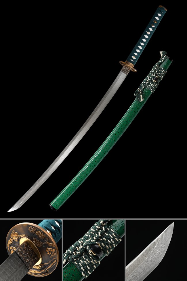 Damascus Steel Katana with Green Lacquered Hardwood Saya - Bronze Samurai Tsuba, Dark Green Cord