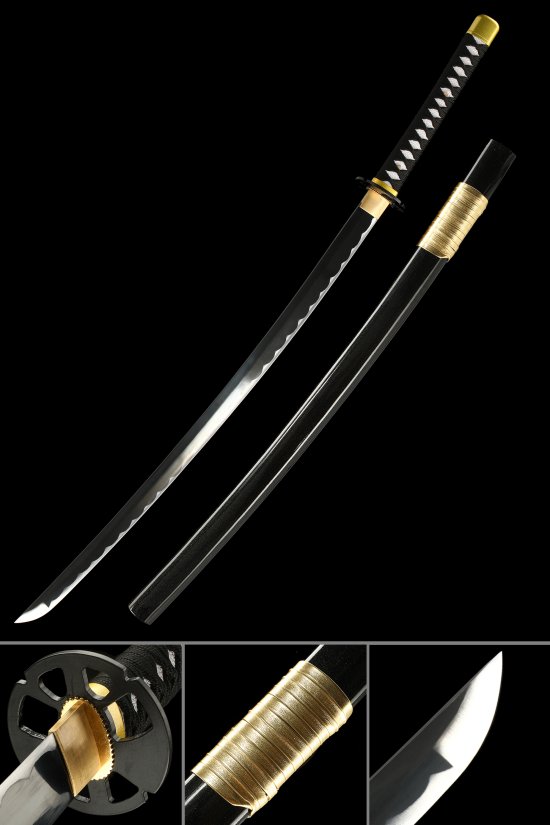 1060 Carbon Steel Katana with Black Lacquer Saya - Full Tang, Gold Fittings, Wavy Hamon