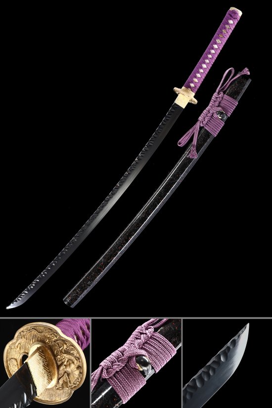 1095 Carbon Steel Katana with Black Blade in Purple Ito & Gold Tiger Tsuba