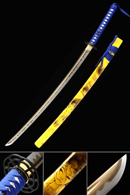 Handmade Japanese Samurai Sword High Manganese Steel With Golden Blade And Yellow Scabbard