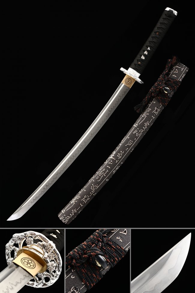 Chrysanthemum Tsuba T10 Carbon Steel Wakizashi, Clay Tempered, Real Hamon & Hand Forged