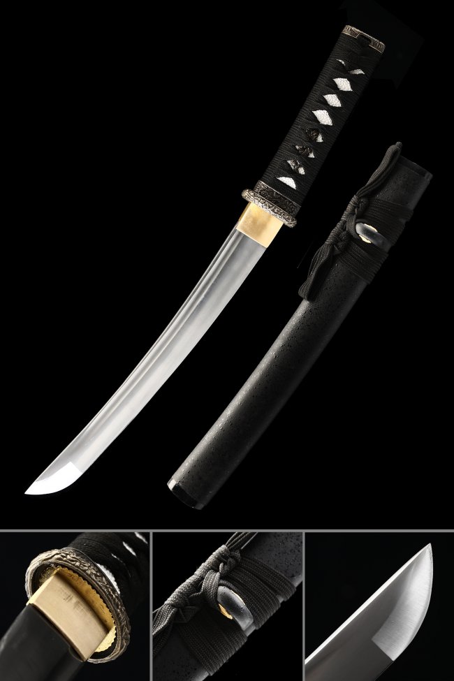 1045 Carbon Steel Tanto Sword with Black Matte Hardwood Saya and Bronze Alloy Oval Tsuba - Full Tang