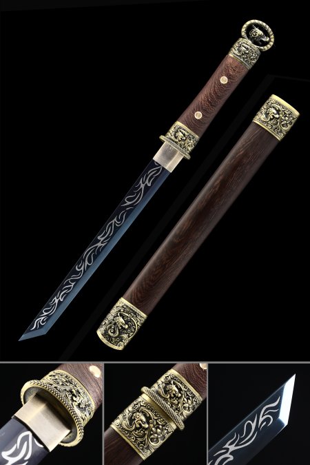 Handmade Japanese Hamidashi Tanto Sword With Blue Blade And Brown Scabbard