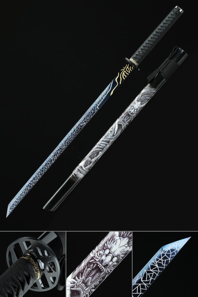 Manganese Steel Ninjato with Blue Dragon-Engraved Blade in Black Lacquer Saya