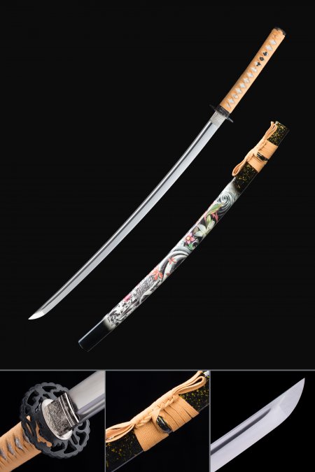 Handmade Japanese Nihonto Katana Sword With Flower Theme Scabbard
