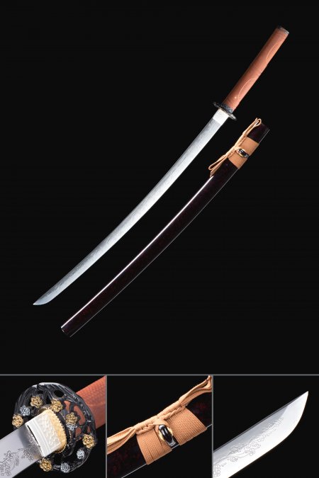 Handmade Japanese Katana Sword With Flower Blade And Tsuba