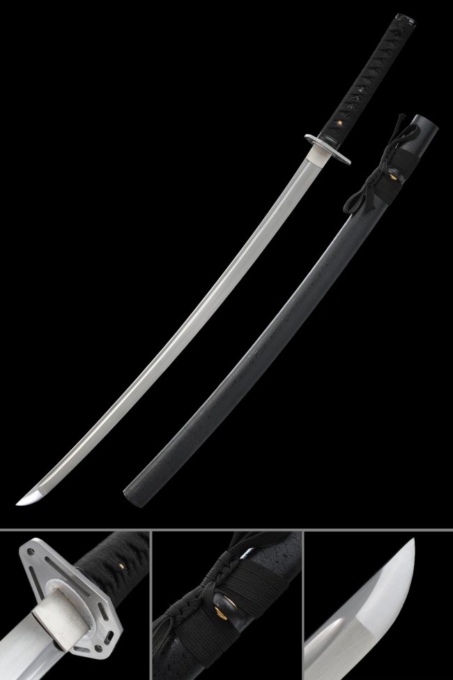 1095 Carbon Steel Katana with Black Lacquer Saya - Full Tang, Geometric Silver Tsuba