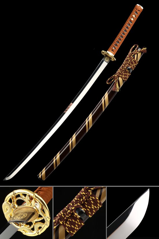 Dragon Tsuba 1095 Carbon Steel Katana, Full Tang, Handmade & Brown Gold Saya