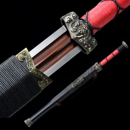 Handmade Pattern Steel Red Blade Chinese Han Dynasty Sword With Ebony Scabbard