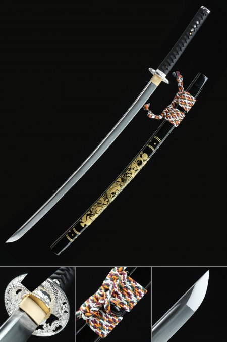 Handmade High Manganese Steel Dragon Tsuba Real Japanese Katana Samurai Sword With Black Scabbard