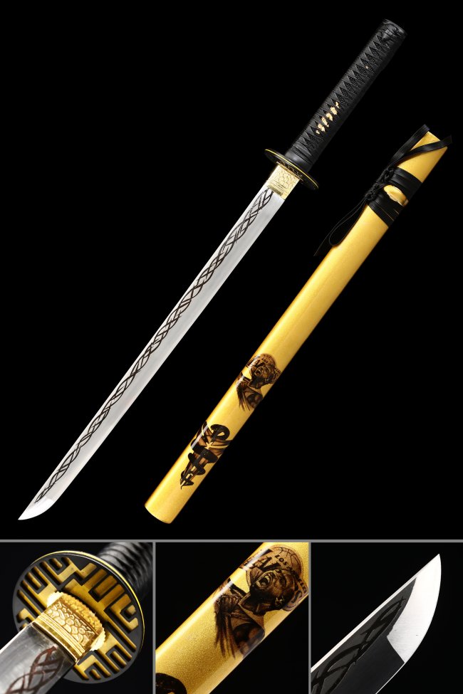 Manganese Steel Ninjato with Yellow Lacquered Saya - Samurai Art Engraved Scabbard, Black Handle