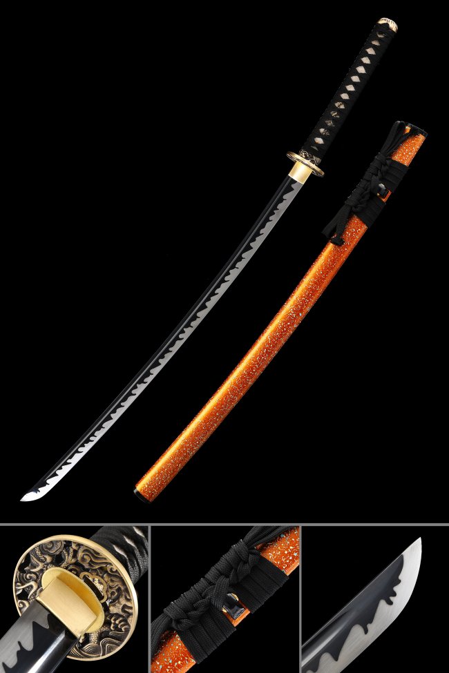 Manganese Steel Katana with Black Blade, Orange Lacquer Saya and Gold Dragon Tsuba