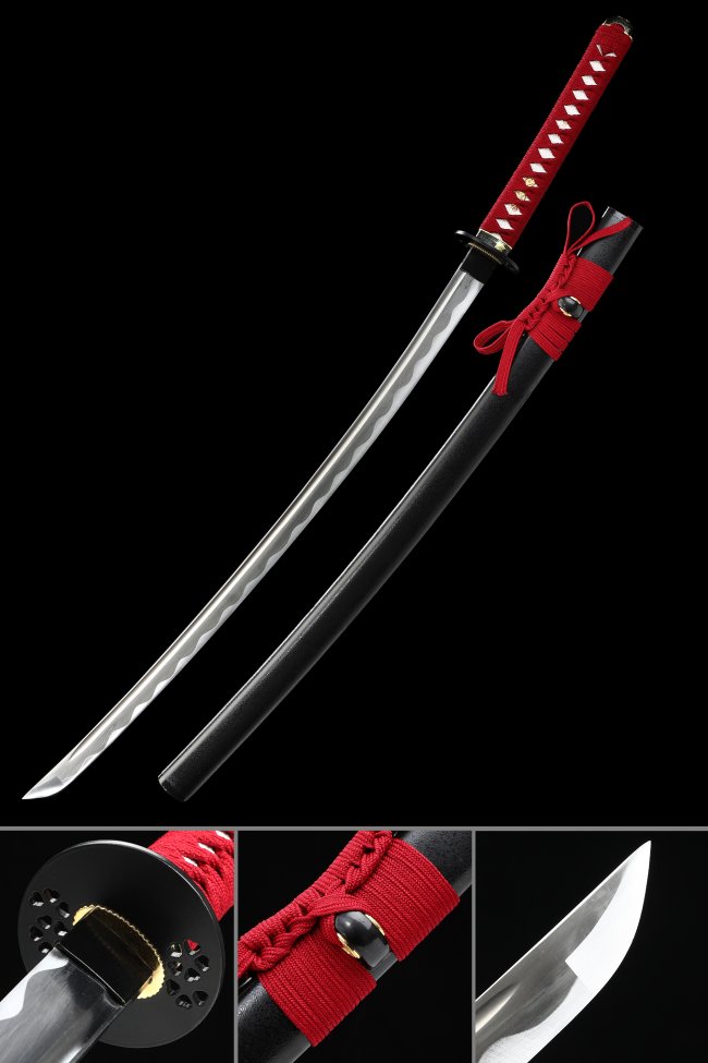 1060 Carbon Steel Katana with Red Ito Handle, Black Lacquer Saya and Cherry Blossom Tsuba