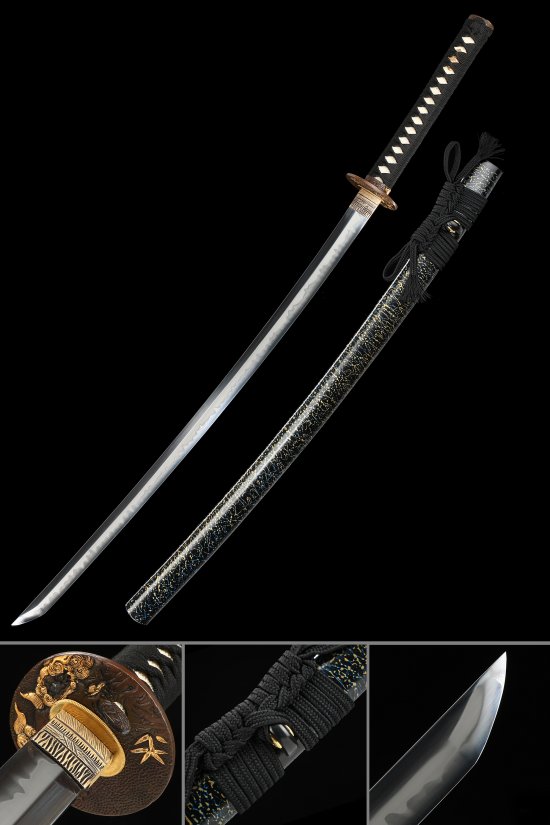 T10 Steel Katana with Clay Tempered Blade in Black-Gold Lightning Saya - Dragon Bronze Tsuba