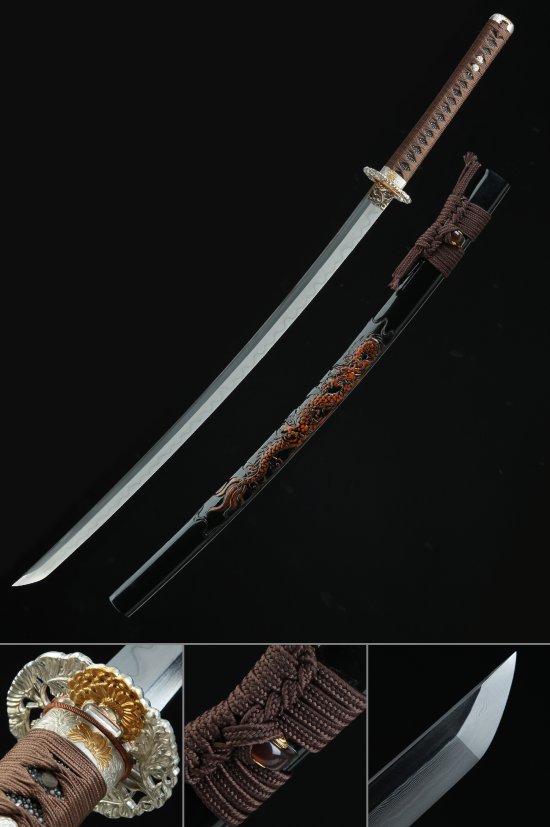 Folded Melaleuca Steel Katana with Dragon-Embossed Black Saya - Brown Ito, Chrysanthemum Tsuba
