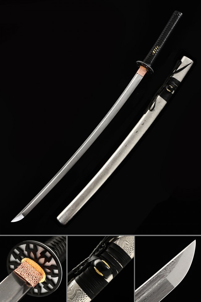 Damascus Steel Katana with Silver Dragon Saya - Black Tsuka & Geometric Tsuba
