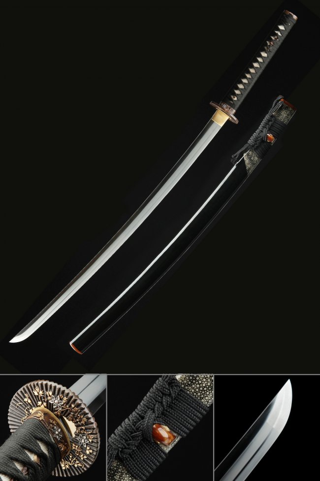 T10 Steel Katana with Clay Tempered Blade and Bronze Chrysanthemum Tsuba - Black Koshirae