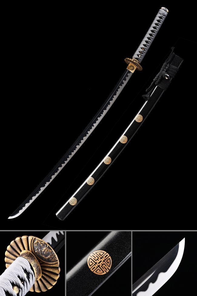 Black Blade Katana in Manganese Steel with Gold Chrysanthemum Tsuba and White Cord Handle