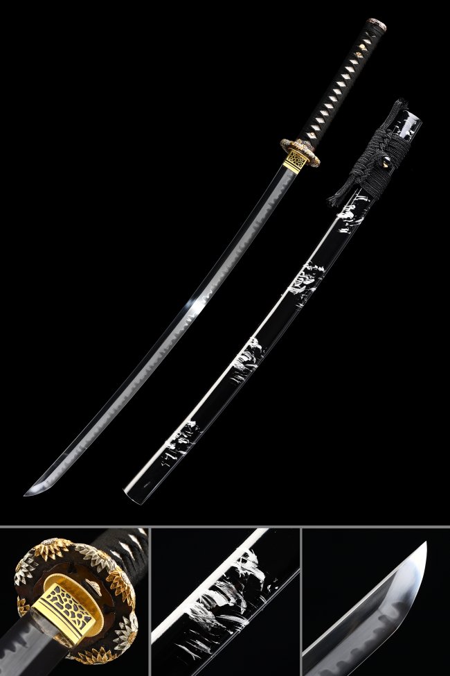 T10 Clay Tempered Katana with Real Hamon - Sunflower Gold Tsuba, Piano Lacquer Black Saya