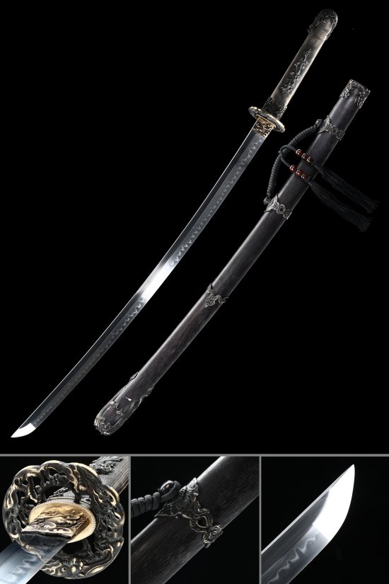 T10 Carbon Steel Tachi Sword with Dragon Tsuba - Black Lacquer Saya, Full-Tang Hamon Blade
