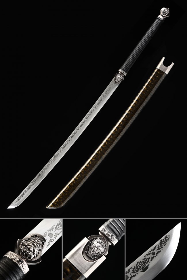 Spring Steel Katana with Dragon Tsuba and Brown PU Leather Saya in Marble Style - Full Tang Sword