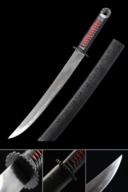 Handmade T10 Carbon Steel Real Hamon Japanese Samurai Tanto Swords With Black Scabbard