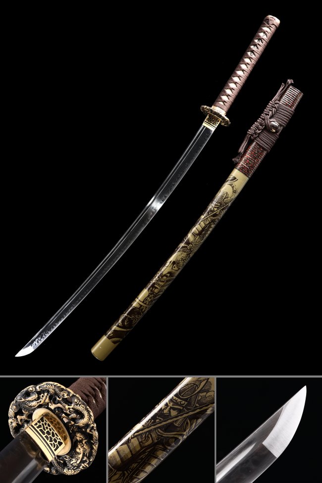 T10 Folded Clay Tempered Katana with Real Hamon - Dragon Tsuba in Gold-Tone Engraved Saya