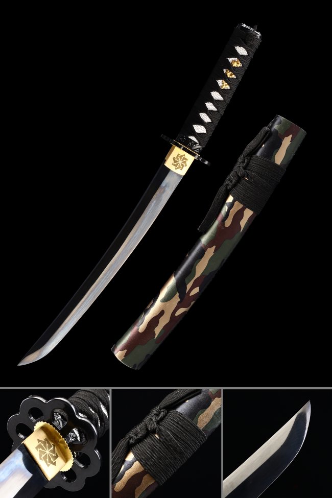Manganese Steel Tanto with Camo Hardwood Saya - Black & Gold Geometric Tsuba, Full Tang